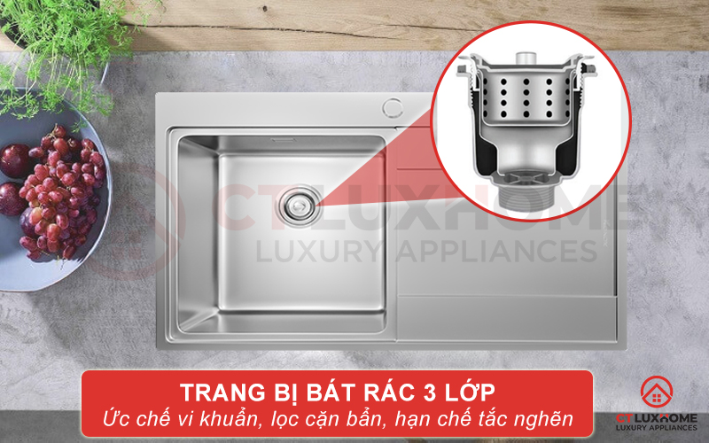 Trang bị bát rác 3 lớp ức chế hiệu quả sinh trưởng của vi khuẩn, lọc cặn bẩn, hạn chế tắc nghẽn đường ống thoát