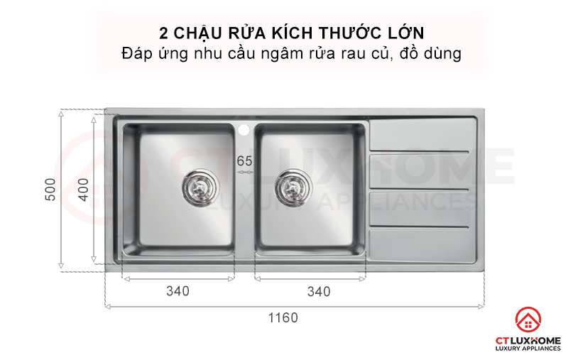 Trang bị 2 hố rửa bát cỡ lớn, phục vụ nhu cầu ngâm rửa rau củ hàng ngày