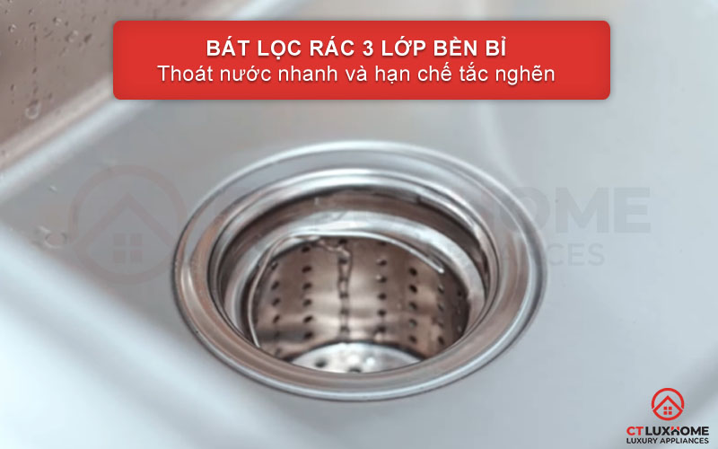 Trang bị rổ lọc rác 3 lớp bền bỉ, thoát nước nhanh và hạn chế tắc nghẽn