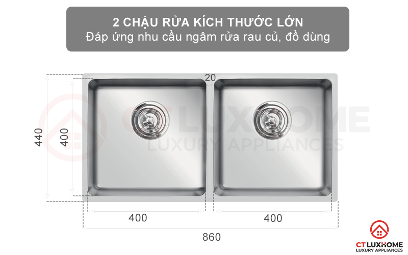 Chậu rửa 2 hố kích thước lớn đáp ứng nhu cầu ngâm rửa rau củ vật dụng hằng ngày