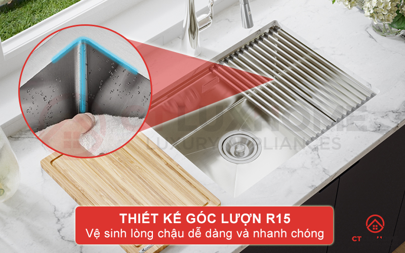 Vệ sinh lòng chậu nhanh chóng và dễ dàng nhờ góc lượn R15