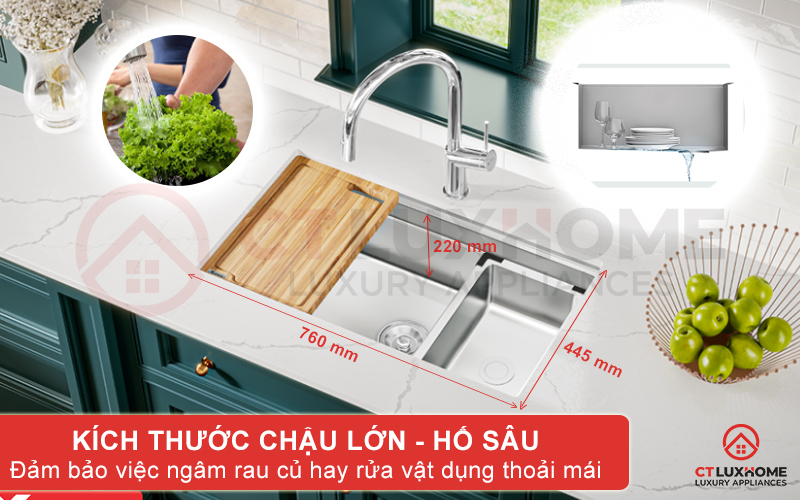 Chậu rửa kích thước lớn đảm bảo việc ngâm rửa rau củ, vật dụng thoải mái