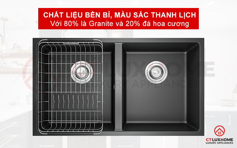 Chất liệu chính đá Granite cứng cáp, màu sắc thanh lịch tạo điểm nhấn cho căn bếp
