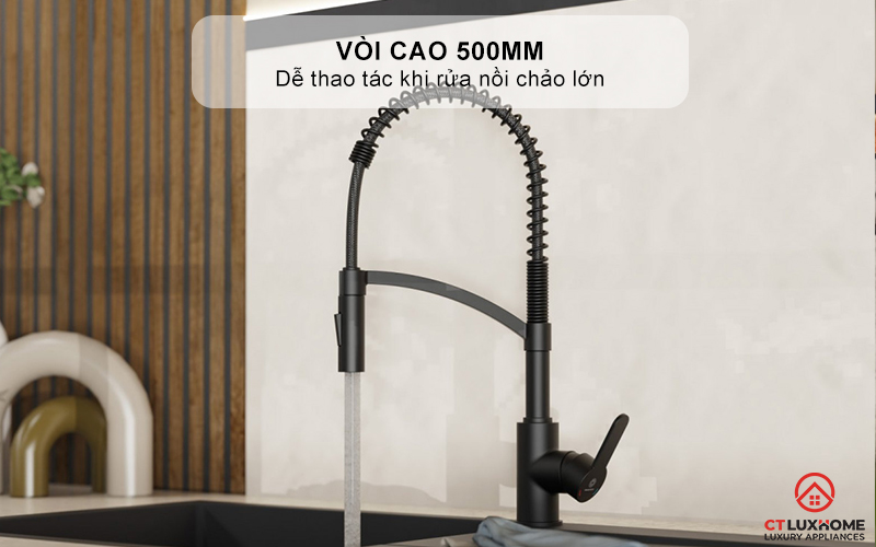 Vòi cao, dễ thao tác khi rửa nồi chảo lớn