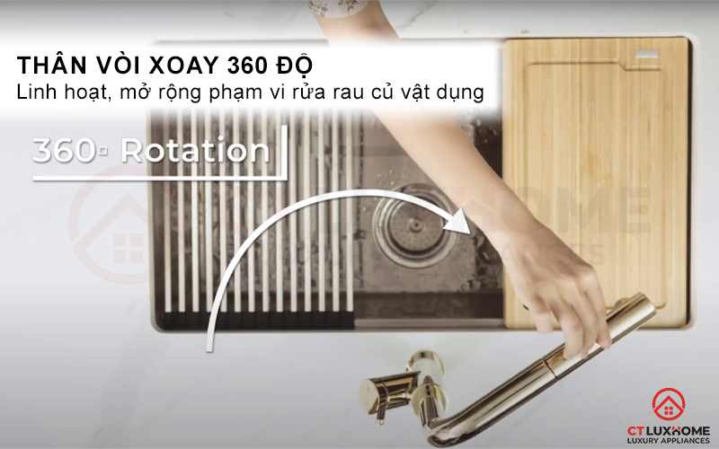 Vòi rửa chén bát dây rút Konox Artan Gold được trang bị khớp xoay cho khả năng xoay 360 độ linh hoạt