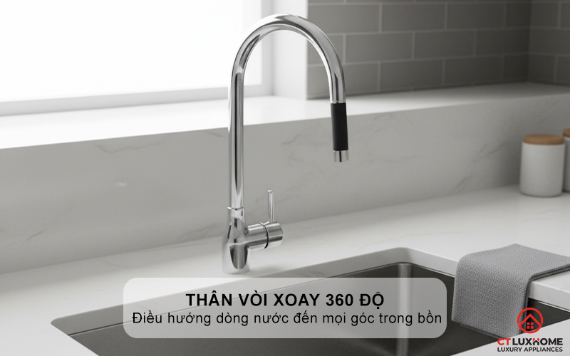 Thân vòi xoay 360 độ cho phạm vi tiếp cận lớn