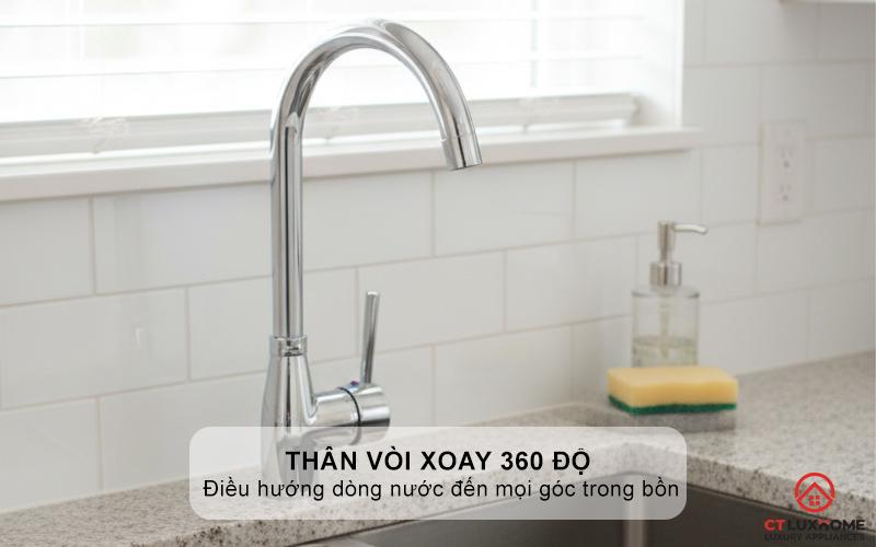 Thân vòi xoay 360 độ cho phạm vi tiếp cận lớn