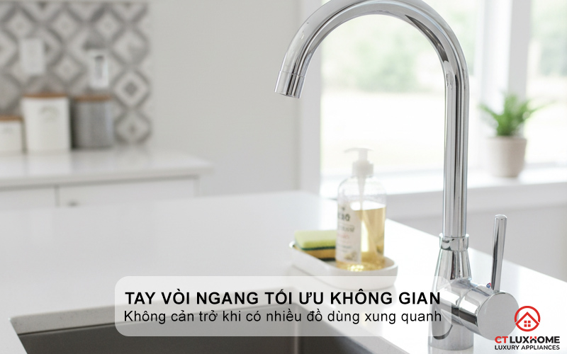 Tay vòi ngang tối ưu không gian bàn bếp