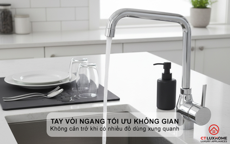 Tay vòi ngang tối ưu không gian bàn bếp