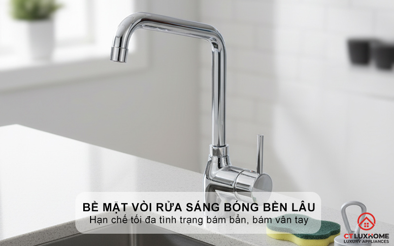 Bề mặt vòi rửa sáng bóng bền lâu, chống bám vân tay