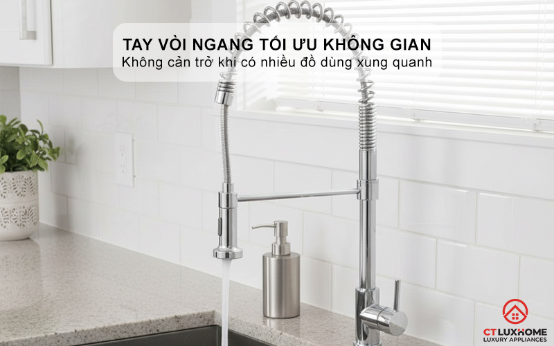 Tay vòi ngang tối ưu không gian bàn bếp