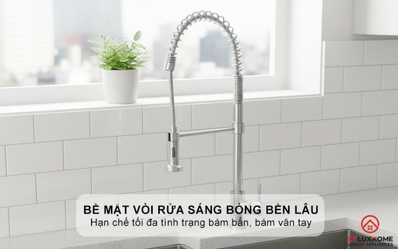 Bề mặt vòi rửa sáng bóng bền lâu, chống bám vân tay