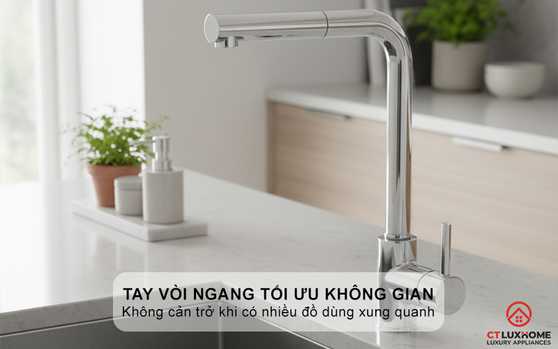Tay vòi ngang tối ưu không gian bàn bếp