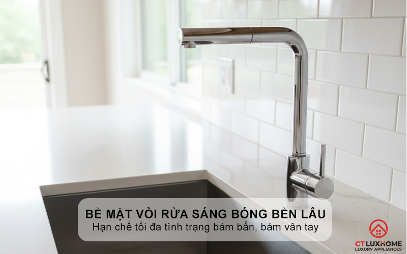 Bề mặt vòi rửa sáng bóng bền lâu, chống bám vân tay