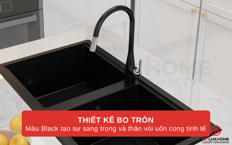 Thiết kế bo tròn màu Black tạo sự sang trọng, thân vòi uốn cong tinh tế