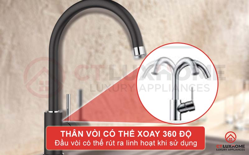 Thân vòi rửa Blanco Mida XL Silgranit được thiết kế xoay 360 độ linh hoạt