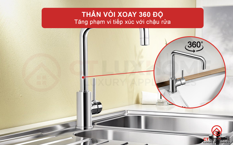 Thân vòi xoay 360 độ linh hoạt tăng phạm vi rửa rau củ vật dụng hơn