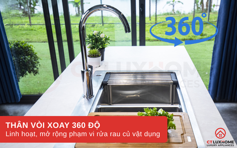 Thân vòi xoay 360 độ tăng phạm vi tiếp cận của vòi đến chậu rửa