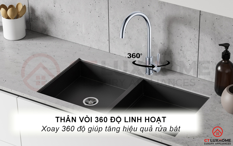 Thân vòi xoay 360 độ tăng phạm vi tiếp cận rửa vật dụng