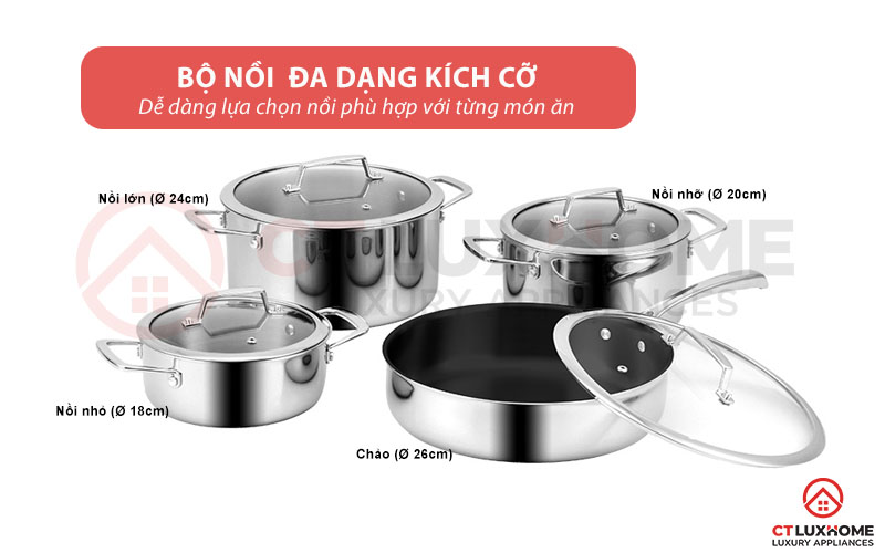 Bộ nồi đa dạng kích cỡ, đáp ứng mọi nhu cầu nấu nướng