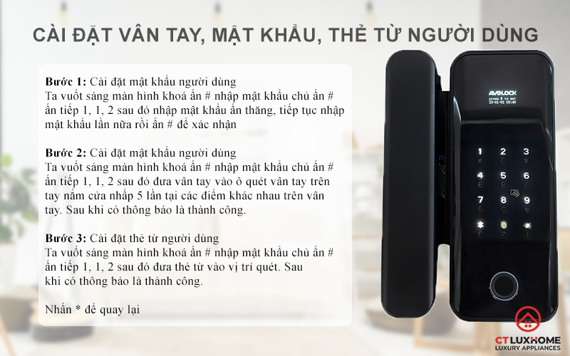 Cài đặt vân tay, mật khẩu, thẻ từ người dùng