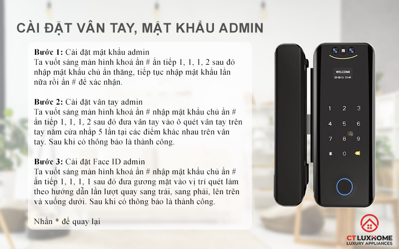 Cài đặt vân tay, mật khẩu, thẻ từ chủ quản