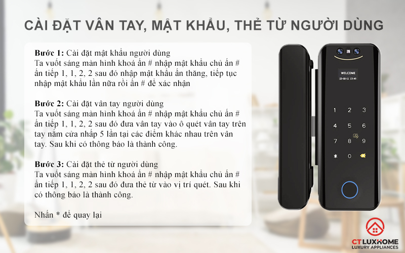 Cài đặt vân tay, mật khẩu, thẻ từ người dùng