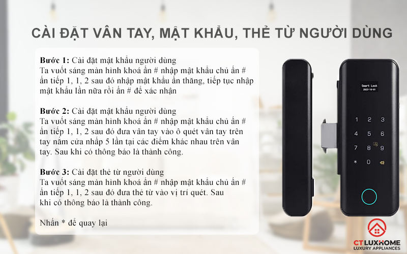 Cài đặt vân tay, mật khẩu, thẻ từ người dùng