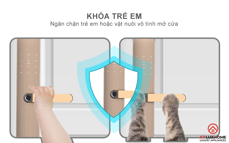 Khóa an toàn ngăn trẻ em hoặc vật nuôi vô tình mở cửa khi chạm vào