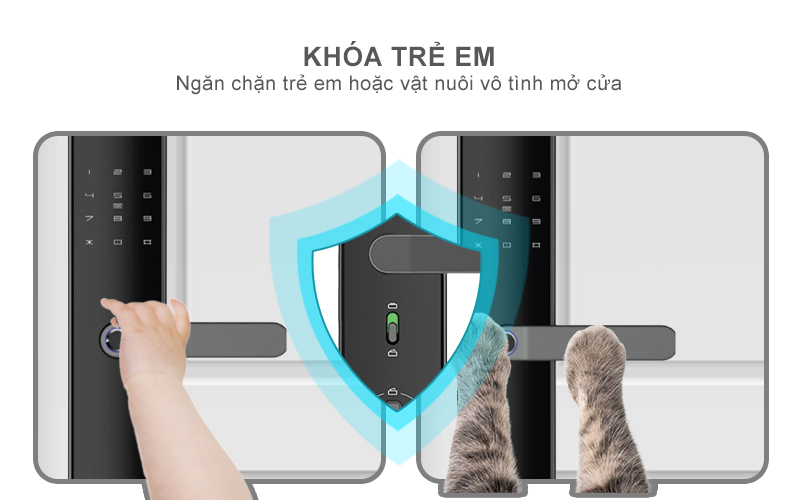 Khóa an toàn ngăn trẻ em hoặc vật nuôi vô tình mở cửa khi chạm vào