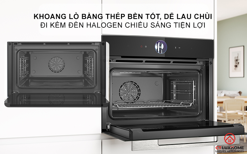 Khoang lò bằng thép bền tốt và đèn Halogen chiếu sáng