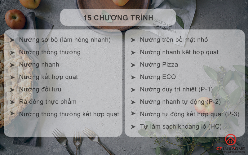 15 chương trình nấu, nướng tự động