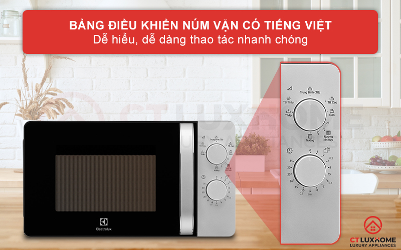 Bảng điều khiển núm vặn có tiếng Việt dễ dàng thao tác nhanh chóng.