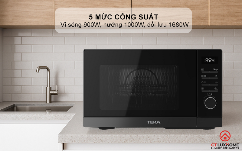 5 mức công suất: lò vi sóng 900W, lò nướng 1000 W, đối lưu 1680 W