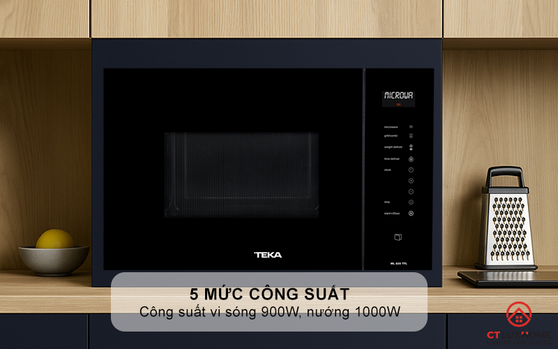5 mức công suất: công suất vi sóng 900W, công suất nướng 1.000W