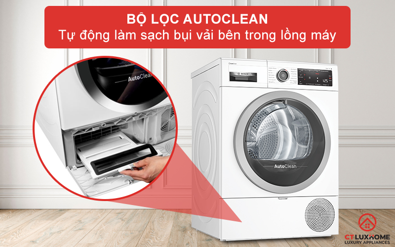Bộ lọc AutoClean tự động làm sạch bụi vải sau mỗi lần sấy.