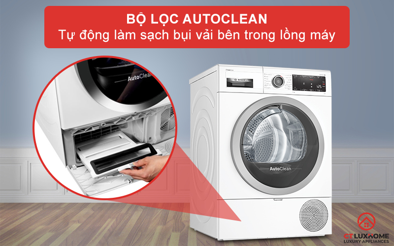 Bộ lọc AutoClean tự động làm sạch bụi vải bên trong lồng máy cho mỗi lần sấy.