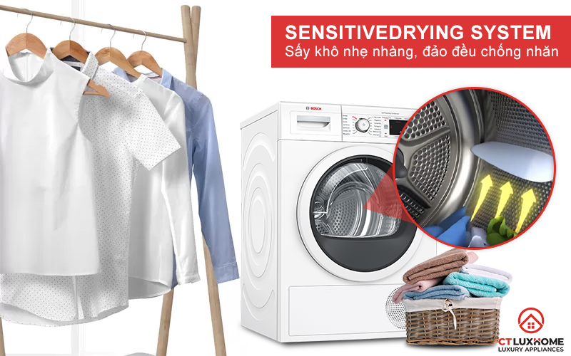 Sấy khô nhẹ nhàng mọi phía và chống nhăn với công nghệ SensitiveDrying System.