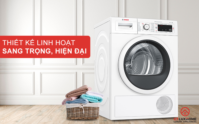 Máy sấy Bosch WTW87541 kiểu dáng linh hoạt đi kèm lớp sơn trắng sang trọng.