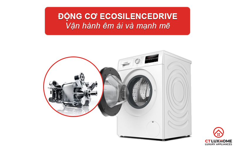 Máy giặt kèm sấy Bosch WNA14400SG hoạt động êm ái hơn nhờ động cơ EcoSilence Drive.