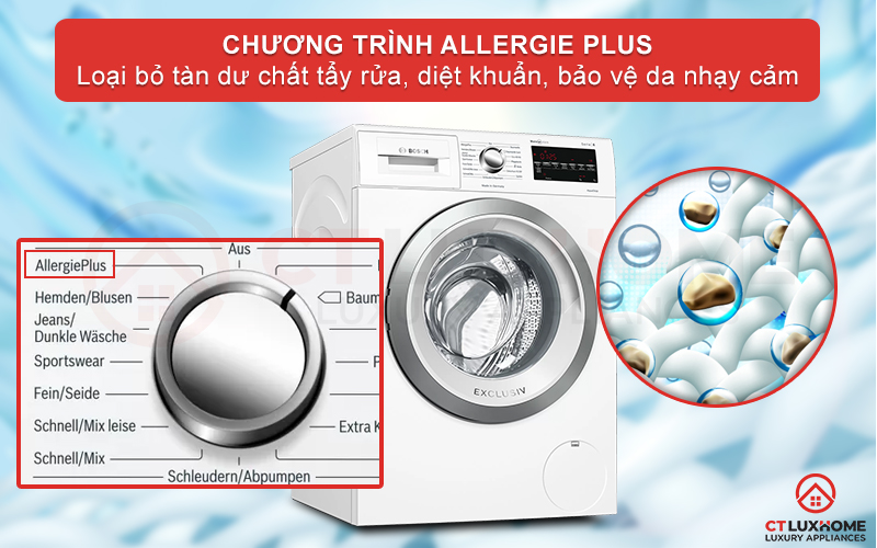 Chương trình Allergie Plus giặt diệt khuẩn quần áo, bảo vệ da nhạy cảm