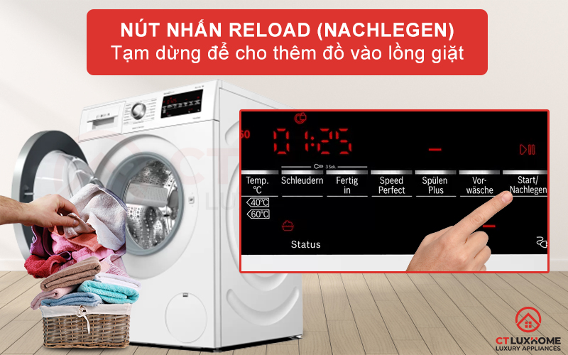 Reload (Nachlegen) của máy giặt Bosch WAG28492 cho phép người dùng thêm quần áo vào lồng máy một cách dễ dàng hơn