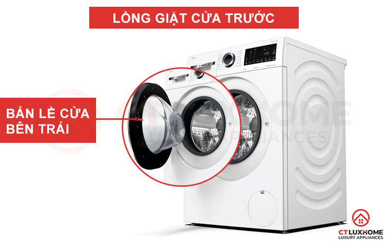 Lồng máy giặt được thiết kế cửa trước, bản lề trái cho góc mở tối đa đến 165 độ.
