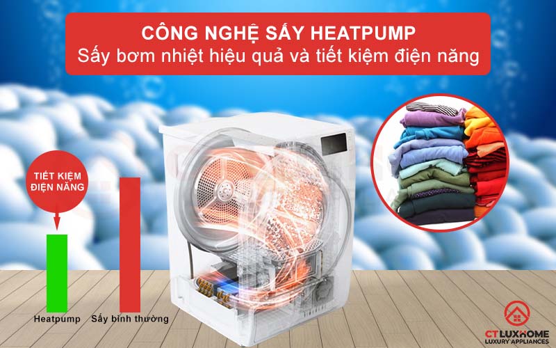 Công nghệ Heatpump sấy khô quần áo hiệu quả, tiết kiệm điện năng hơn.