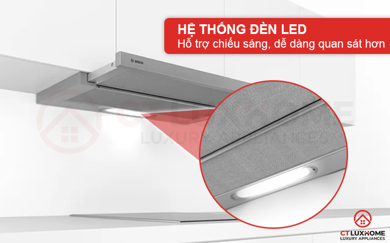 Hệ thống đèn LED hỗ trợ chiếu sáng và quan sát khu vực bếp khi sử dụng