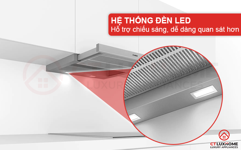 Hệ thống đèn LED hỗ trợ chiếu sáng, dễ dàng quan sát khu vực bếp