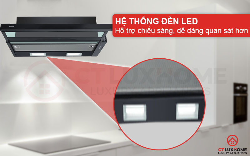 Hệ thống đèn LED trong máy hút mùi âm tủ Bosch giúp hỗ trợ chiếu sáng