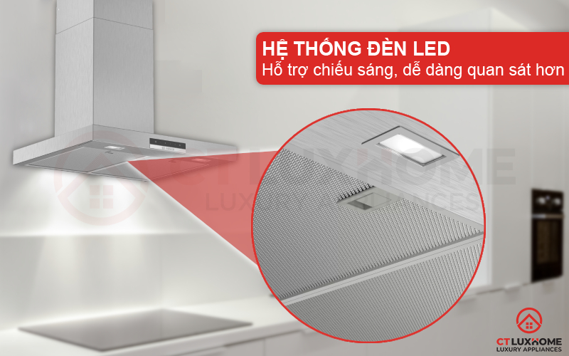 Hệ thống đèn LED hỗ trợ chiếu sáng, dễ dàng quan sát khu vực bếp