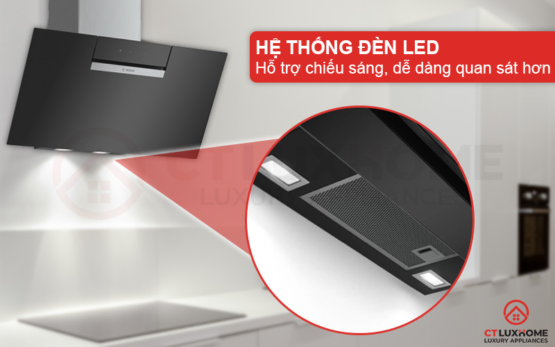 Hệ thống đèn LED trong máy hút mùi gắn tường Bosch DWK87EM60B giúp hỗ trợ chiếu sáng