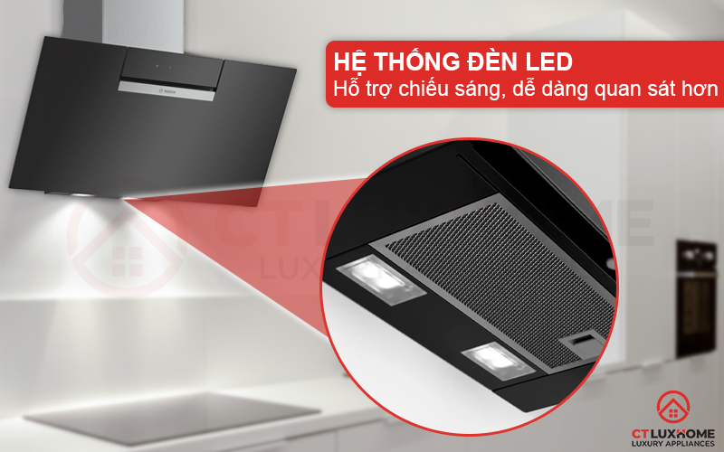Hệ thống đèn LED trong máy hút mùi gắn tường Bosch DWK87EM60B giúp hỗ trợ chiếu sáng